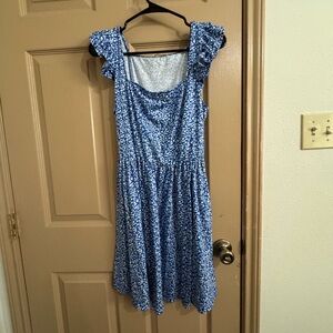 Blue Floral Dress with Ruffle Sleeves